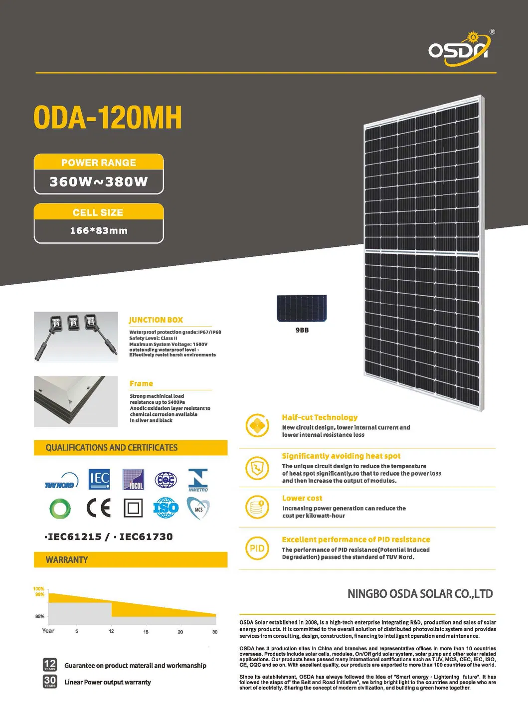 360W 380W 370W 166mm Cells 9bb TUV&CE&Inmetro Monocrystalline Half Cutting PV Solar Panels