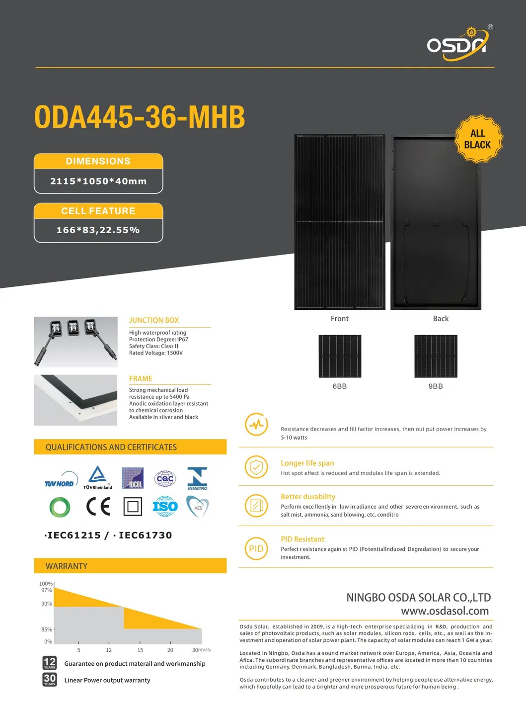 435W 166mm Cells 6bb 9bb TUV&CE Monocrystalline Half Cutting Full Black PV Solar Panels