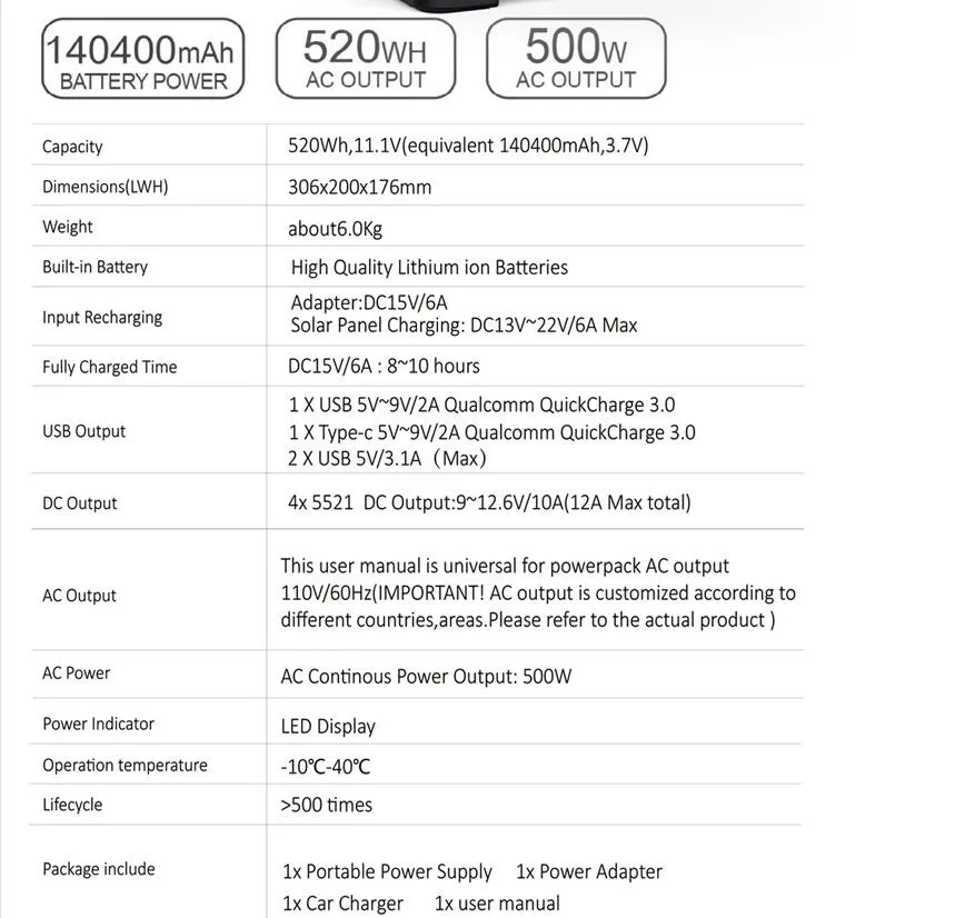 Solar System Inverter 500W All-in-One Rechargeable Solar Energy Charging Station Multi-Purpose Output