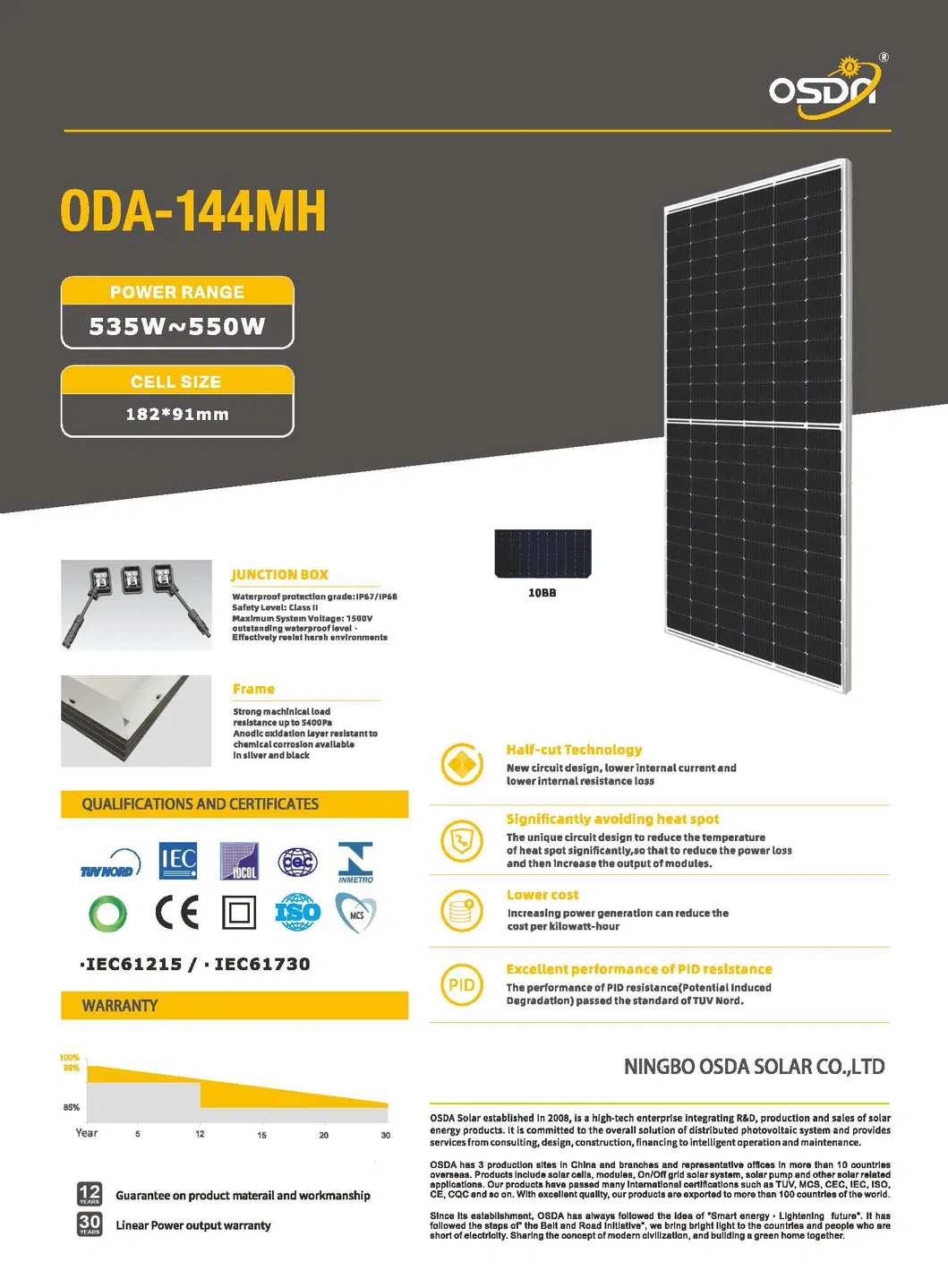 550W 545W 540W 535W 182mm Cells 10bb TUV&CE&Inmetro Monocrystalline Half Cutting PV Solar Panels