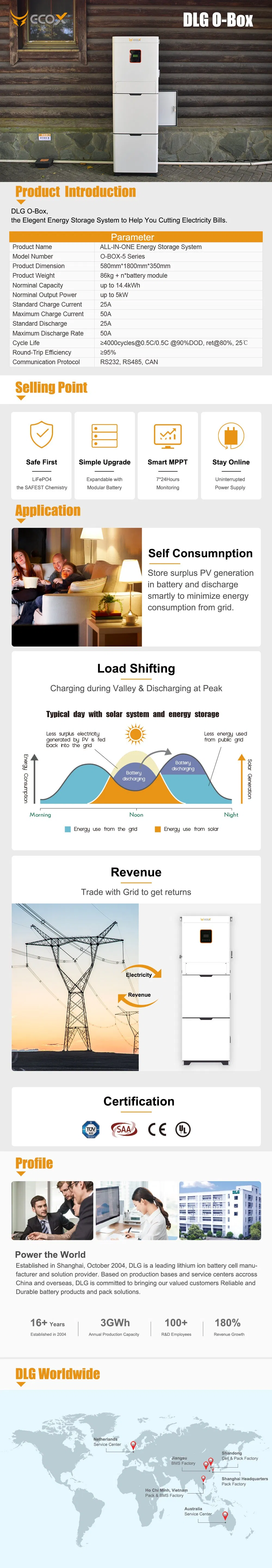 Dlg 5kw 5kwh on Grid and off Grid Solar Energy Storage System with LiFePO4 Battery Hybrid Inverter 10kw Energy Storage Battery