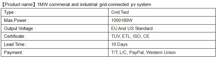 Industrial and Commercial 800kw 1MW 2MW Solar Panel System and Grid Tie Inverter