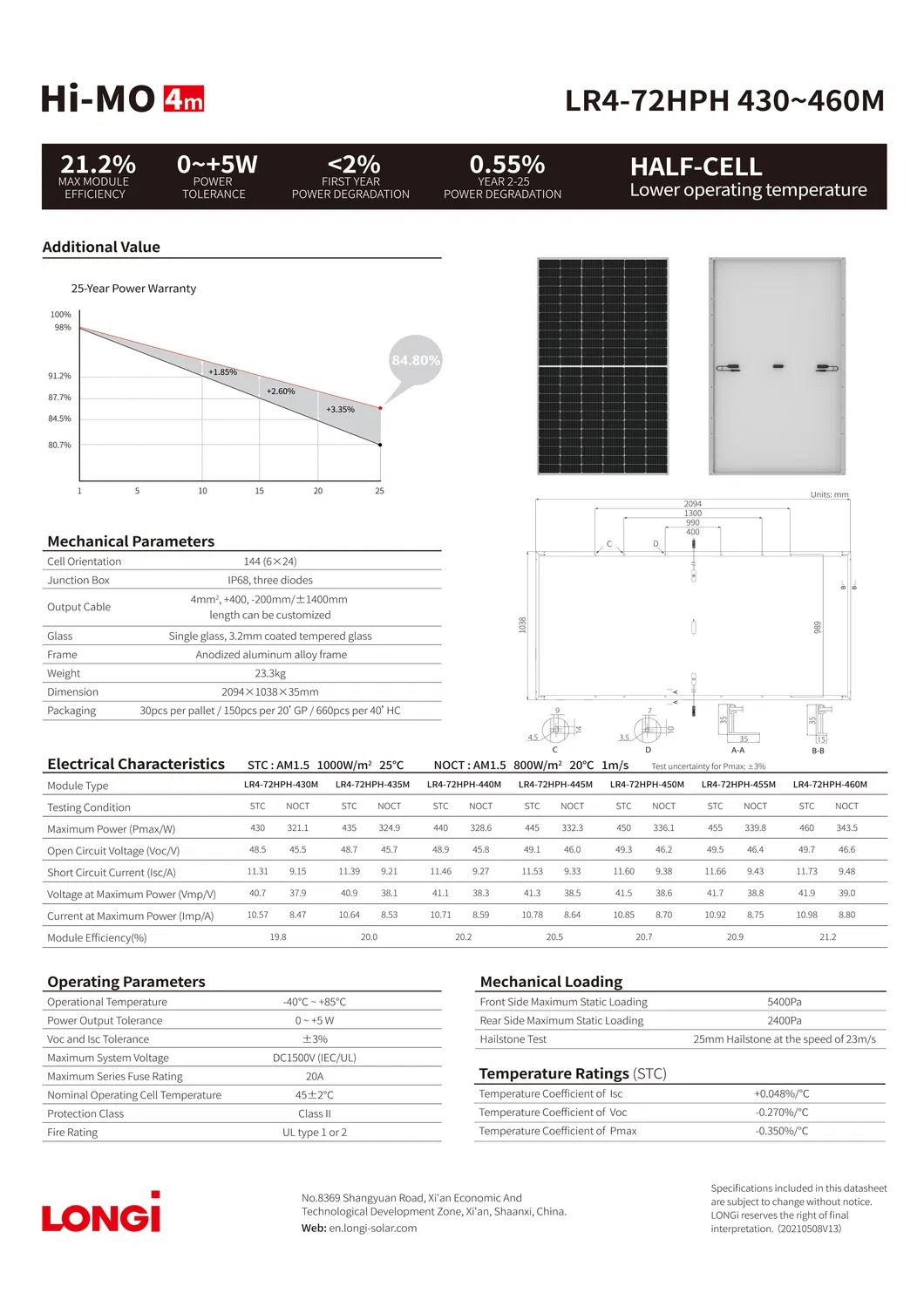 Longi Solar Panels 450W Mono Half Cut Solar Energy System Panels