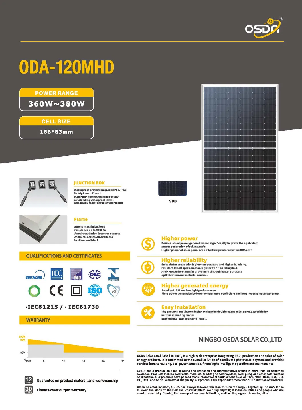 Mono 360W, 370W, 380W Perc Solar Module PV Panel with TUV&CE for System