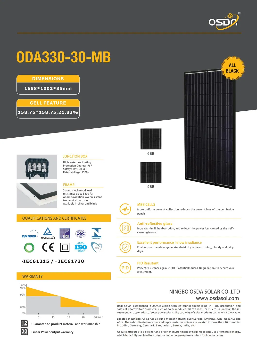 Mono Crystalline 330W Black PV Module Solar Panel with TUV&CE for System