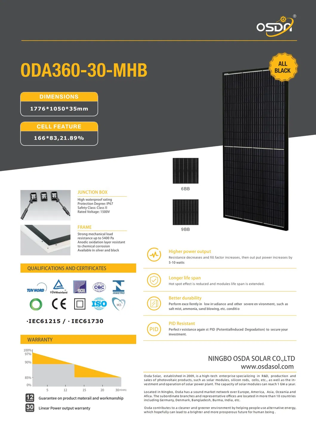 Mono Crystalline 360W 370W Black PV Module Solar Panel with TUV&CE