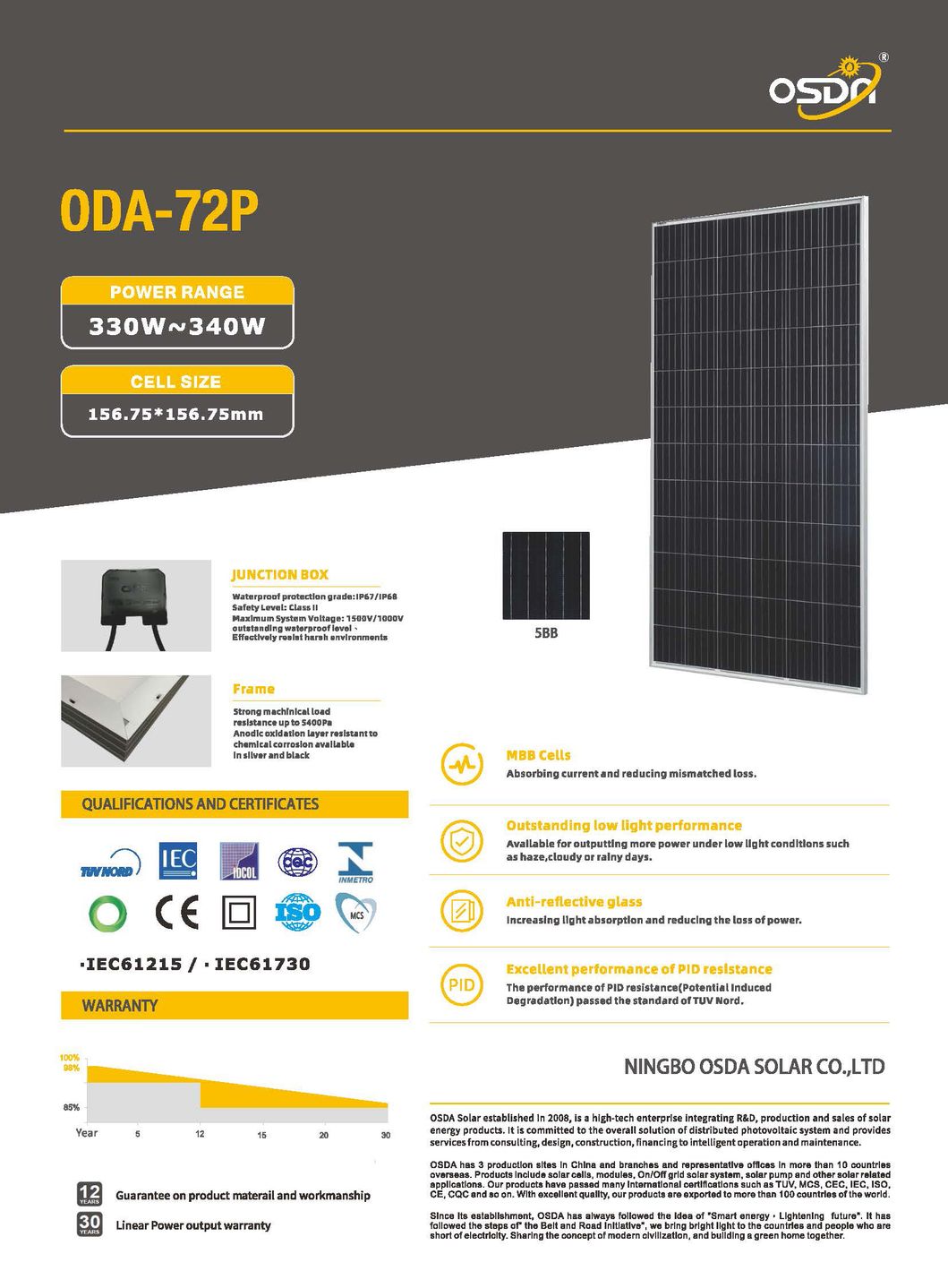 Poly 330W 340W Full Cell PV Module Solar Panel with TUV&CE for Solar System