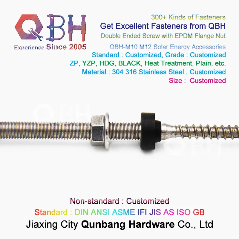 Qbh Stainless Steel Solar Power Energy Panel Holder Dual Ended Thread Stud Flange Nut EPDM Washer Roofing Bolt Repairing Replace Spare PV Photovoltaic Parts