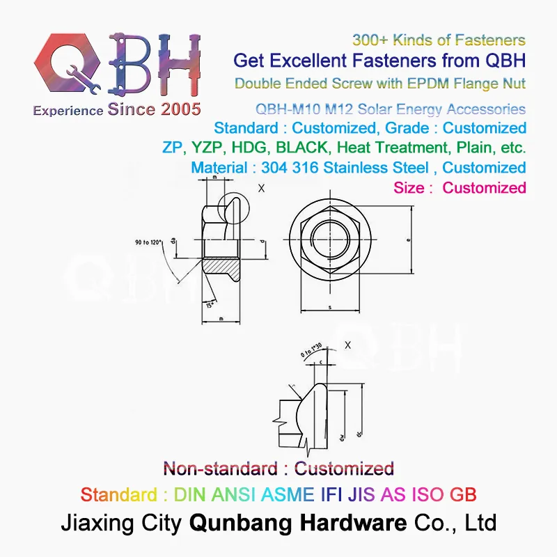 Qbh Stainless Steel Solar Power Energy Panel Holder Dual Ended Thread Stud Flange Nut EPDM Washer Roofing Bolt Repairing Replace Spare PV Photovoltaic Parts