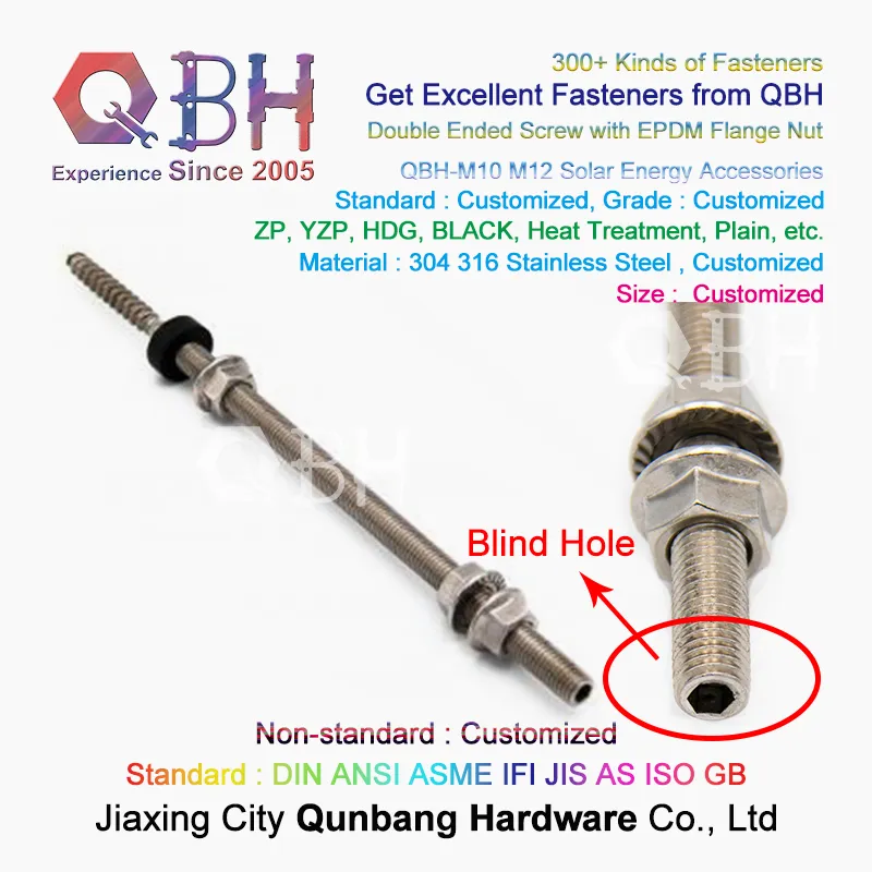 Qbh Stainless Steel Solar Power Energy Panel Holder Dual Ended Thread Stud Flange Nut EPDM Washer Roofing Bolt Repairing Replace Spare PV Photovoltaic Parts