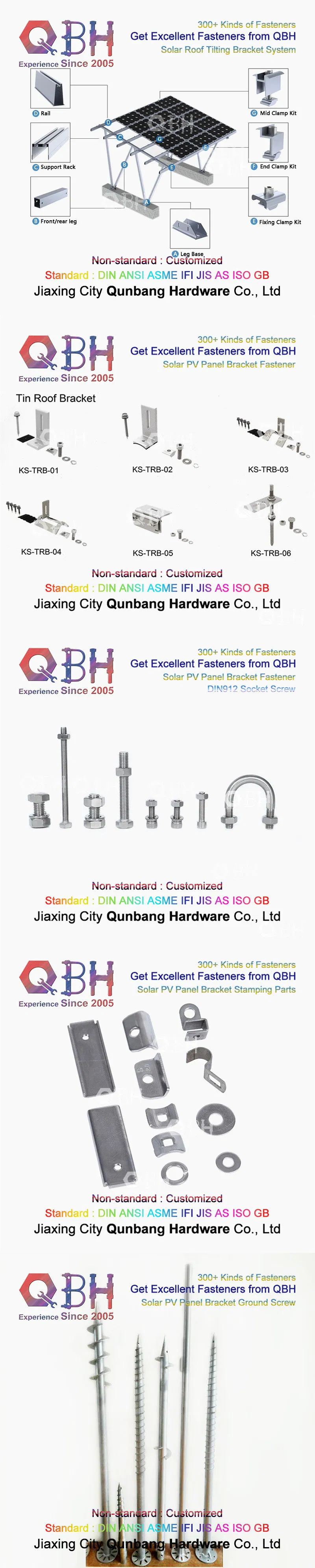 Qbh Stainless Steel Solar Power Energy Panel Holder Dual Ended Thread Stud Flange Nut EPDM Washer Roofing Bolt Repairing Replace Spare PV Photovoltaic Parts