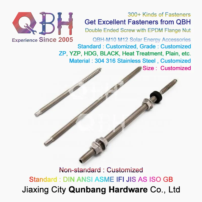 Qbh Stainless Steel Solar Power Energy Panel Holder Dual Ended Thread Stud Flange Nut EPDM Washer Roofing Bolt Repairing Replace Spare PV Photovoltaic Parts