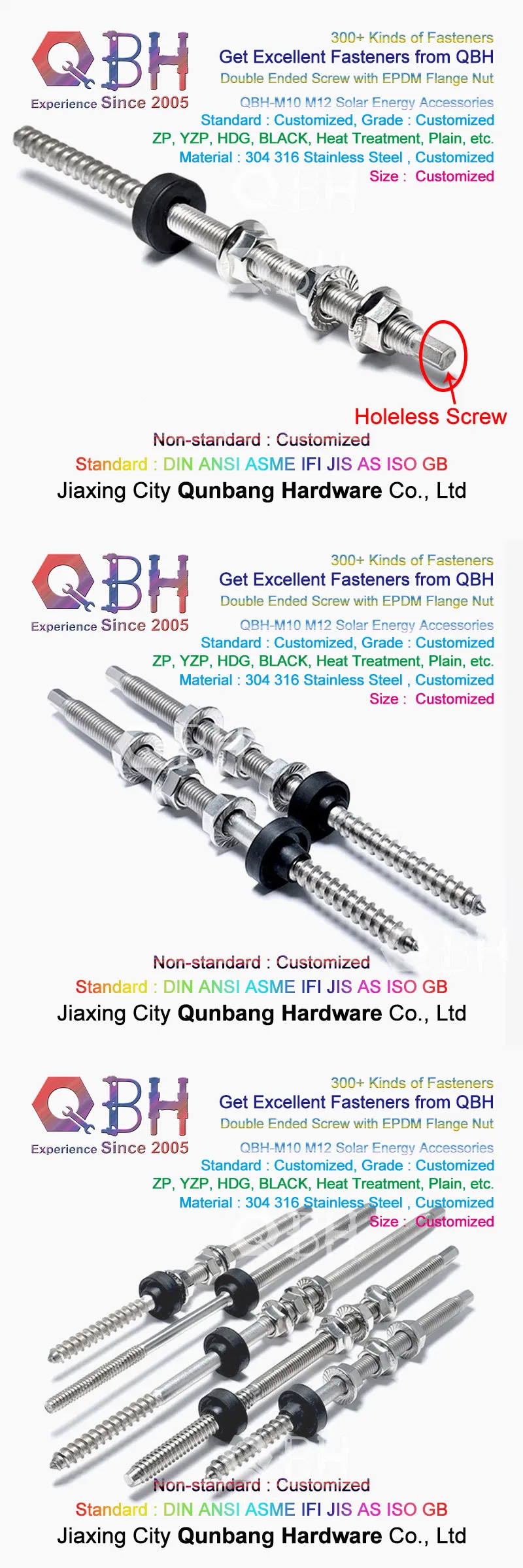 Qbh Stainless Steel Solar Power Energy Panel Holder Dual Ended Thread Stud Flange Nut EPDM Washer Roofing Bolt Repairing Replace Spare PV Photovoltaic Parts