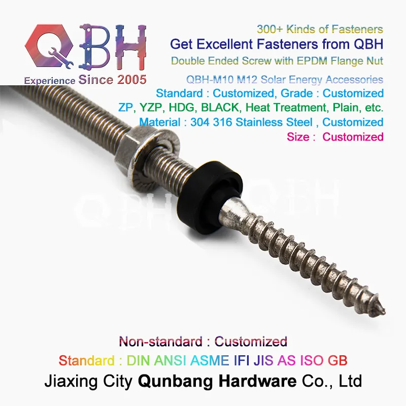 Qbh Stainless Steel Solar Power Energy Panel Holder Dual Ended Thread Stud Flange Nut EPDM Washer Roofing Bolt Repairing Replace Spare PV Photovoltaic Parts