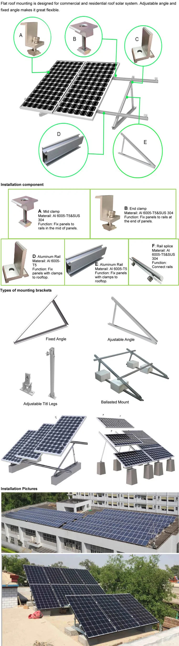 Solar Panel Structure Flat Mounting Installation Stainless Steel Roof Bracket Balasted Mount Rack